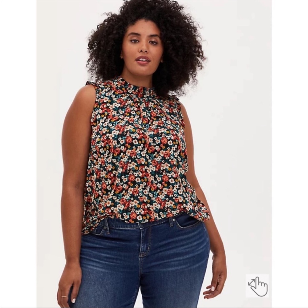 Torrid Black Ditsy Floral Twill Ruffle Mock Neck Tank Sz 2X